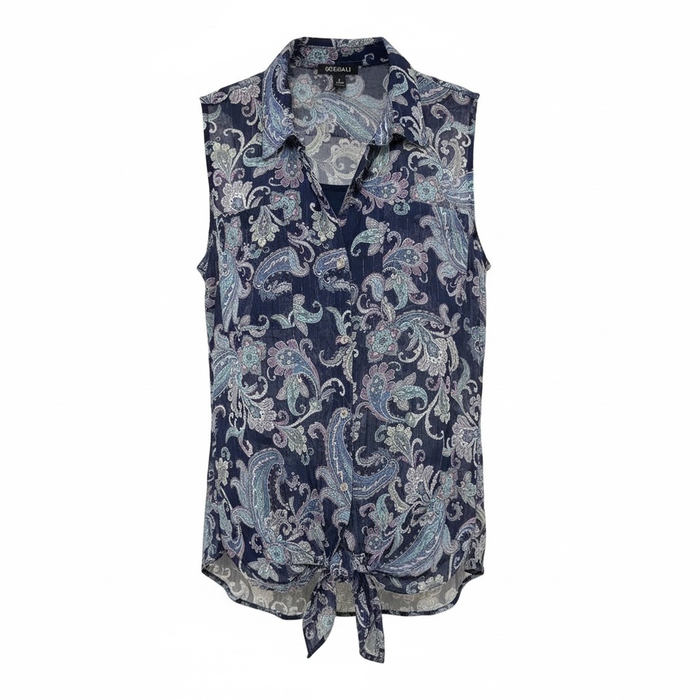 Roz & Ali Blue Paisley Tie-Front Blouse